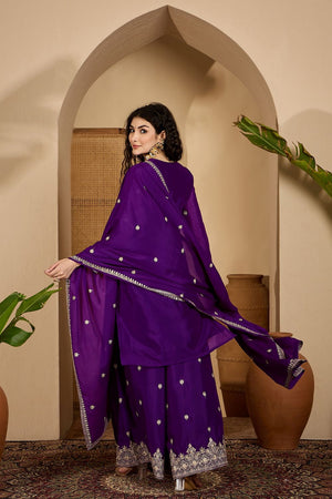 Purple Floral Embroidered Chinon Palazzo Suit (ACB2644)
