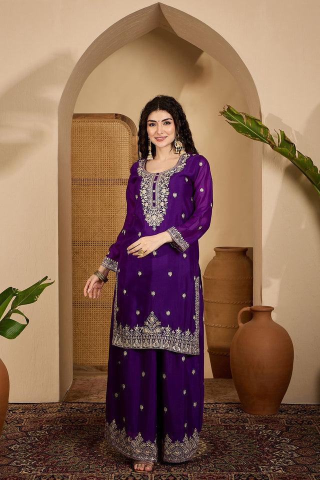 Purple Floral Embroidered Chinon Palazzo Suit (ACB2644)