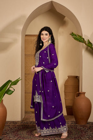 Purple Floral Embroidered Chinon Palazzo Suit (ACB2644)