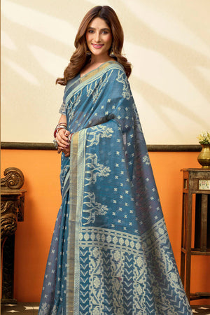 Blue Jacquard Woven Cotton Silk Saree (ACB2646)