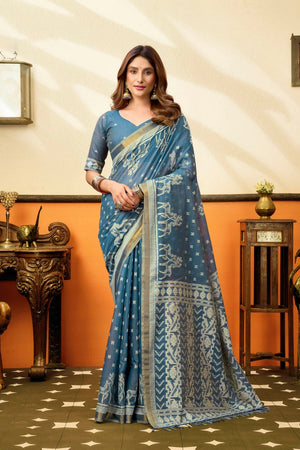 Blue Jacquard Woven Cotton Silk Saree (ACB2646)