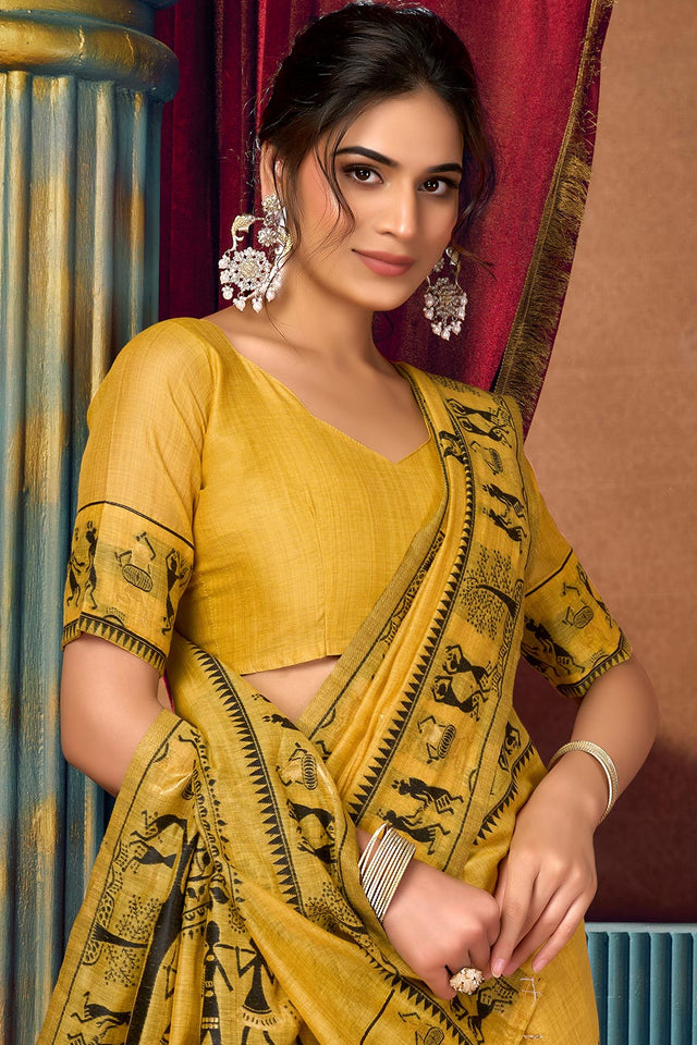 Yellow Warli Printed Silk Saree (ACB2654)