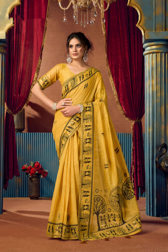 Yellow Warli Printed Silk Saree (ACB2654)