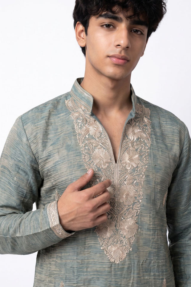 Blue Floral Embroidered Tissue Kurta Set (ACB2658)