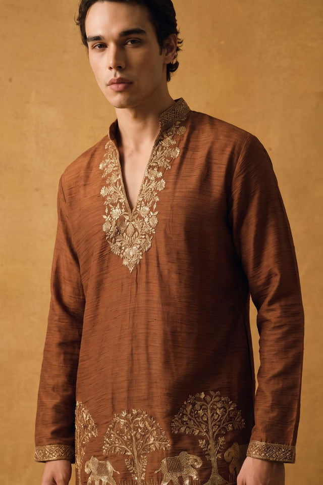 Brown Floral Embroidered Tissue Kurta Set (ACB2661)