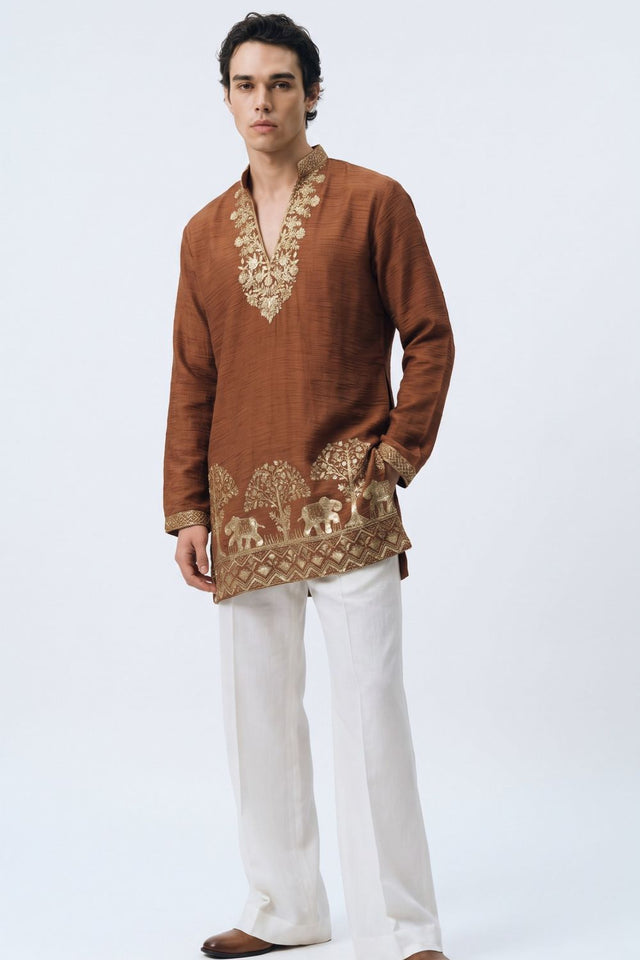 Brown Floral Embroidered Tissue Kurta Set (ACB2661)