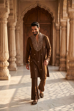 Brown Embroidered Lachaka Kurta Set (ACB2662)