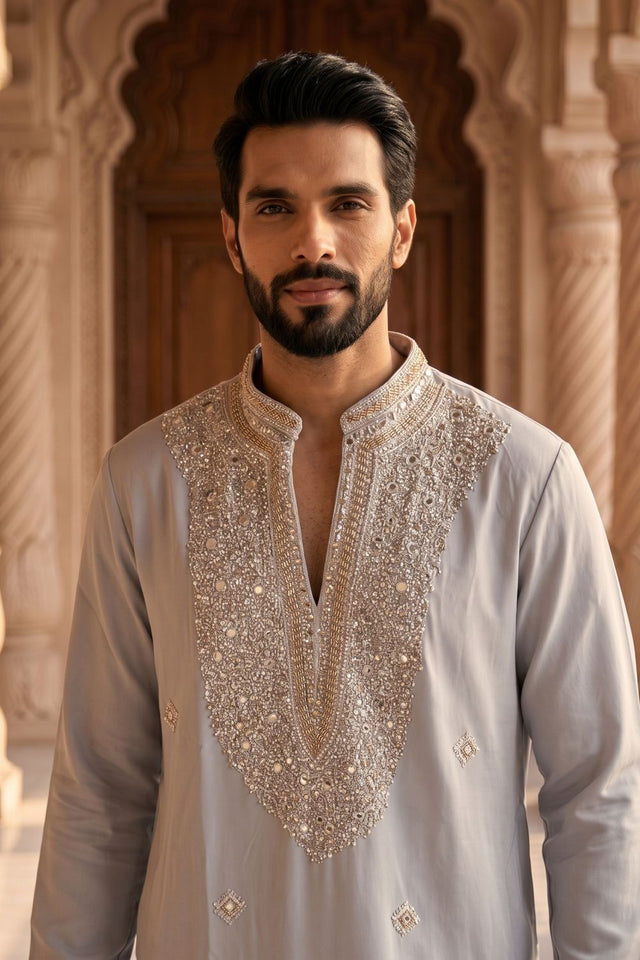 Light Grey Embroidered Lachaka Kurta Set (ACB2663)