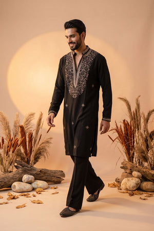 Black Embroidered Lachaka Kurta Set (ACB2665)