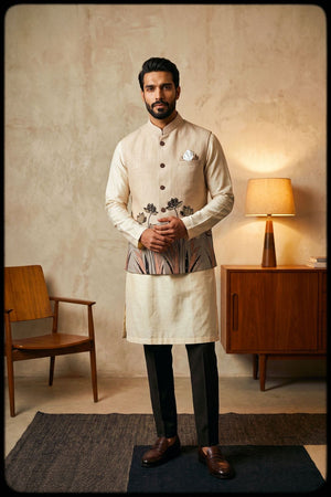 Cream Floral Printed Linen Jacket (ACB2668)