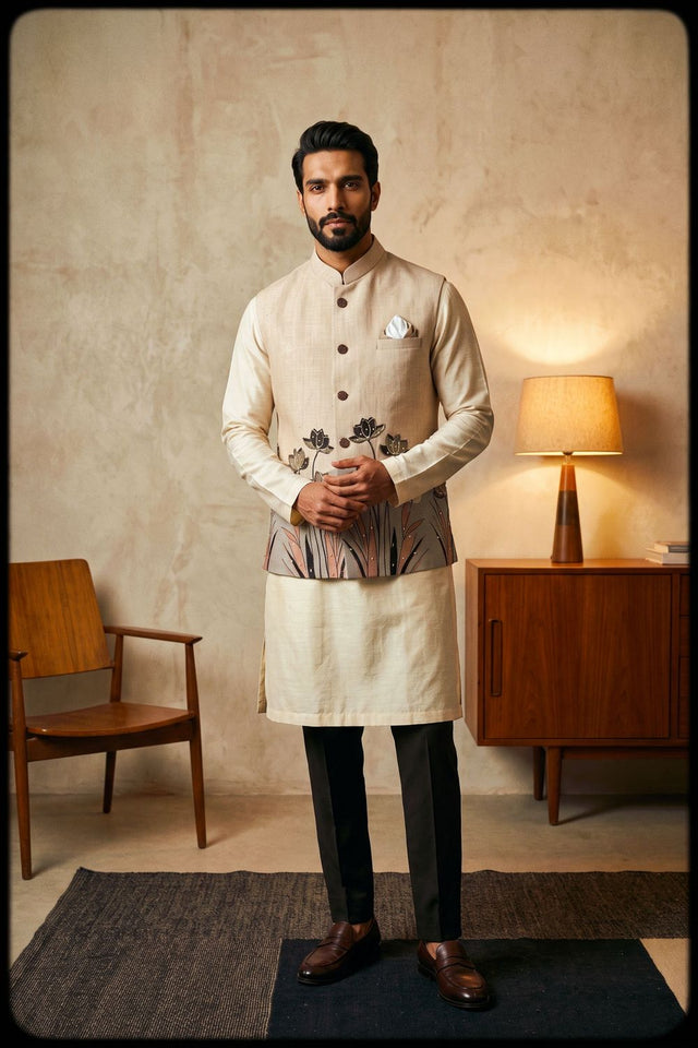 Cream Floral Printed Linen Jacket (ACB2668)