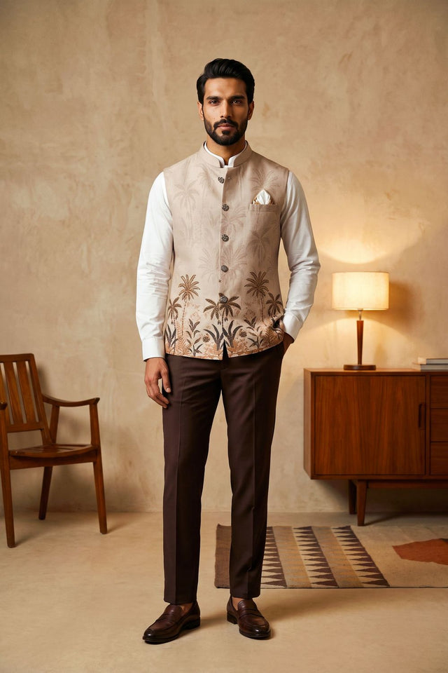 Cream Floral Printed Linen Jacket (ACB2669)