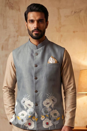 Grey Floral Printed Linen Jacket (ACB2670)