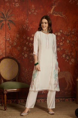 Off White Floral Embroidered Silk Kurti Pant Set (ACB2671)