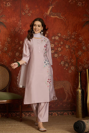 Mauve Floral Embroidered Silk Kurti Pant Set (ACB2673)