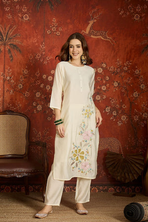 Off White Floral Embroidered Silk Kurti Pant Set (ACB2675)