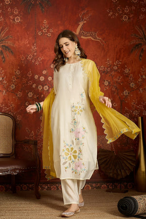 Off White Floral Embroidered Silk Kurti Pant Set (ACB2675)