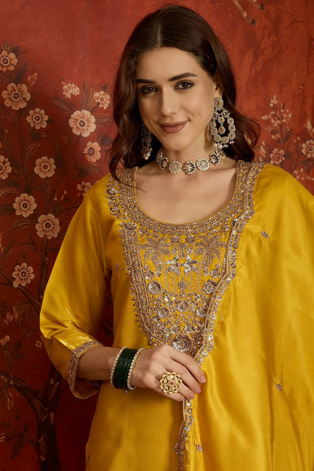Mustard Sequin with Embroidered Silk Kurti Pant Set (ACB2676)