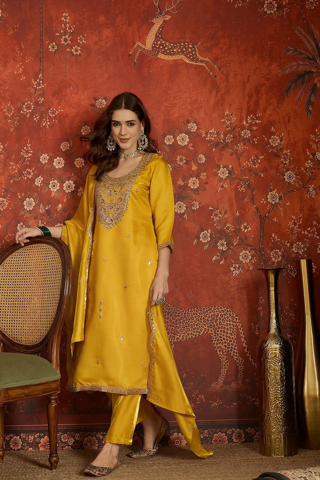 Mustard Sequin with Embroidered Silk Kurti Pant Set (ACB2676)