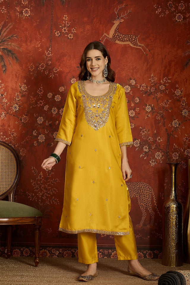 Mustard Sequin with Embroidered Silk Kurti Pant Set (ACB2676)