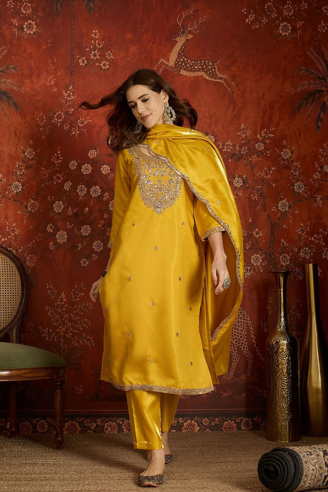 Mustard Sequin with Embroidered Silk Kurti Pant Set (ACB2676)