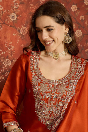 Rust Sequin with Embroidered Silk Kurti Pant Set (ACB2677)