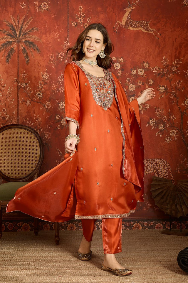 Rust Sequin with Embroidered Silk Kurti Pant Set (ACB2677)