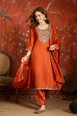 Rust Sequin with Embroidered Silk Kurti Pant Set (ACB2677)