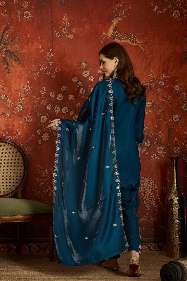 Navy Blue Sequin with Embroidered Silk Kurti Pant Set (ACB2678)