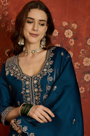 Navy Blue Sequin with Embroidered Silk Kurti Pant Set (ACB2678)