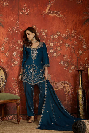 Navy Blue Sequin with Embroidered Silk Kurti Pant Set (ACB2678)