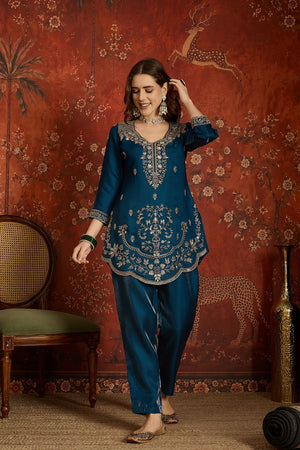 Navy Blue Sequin with Embroidered Silk Kurti Pant Set (ACB2678)