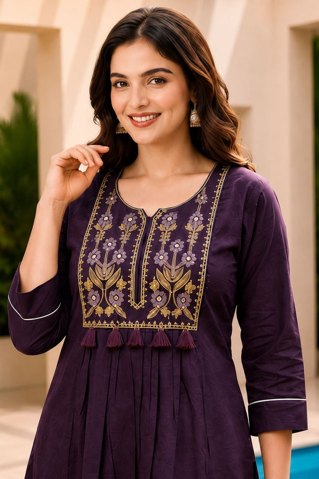 Violet Floral Embroidered Cotton Co-Ord Set (ACB2681)