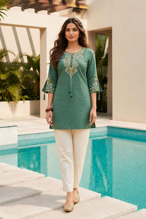 Green Floral Embroidered Rayon Short Kurti (ACB2688)