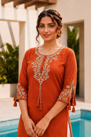 Orange Floral Embroidered Rayon Short Kurti (ACB2689)
