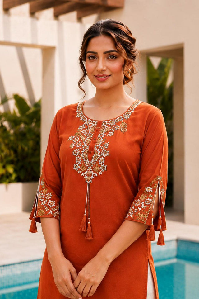 Orange Floral Embroidered Rayon Short Kurti (ACB2689)