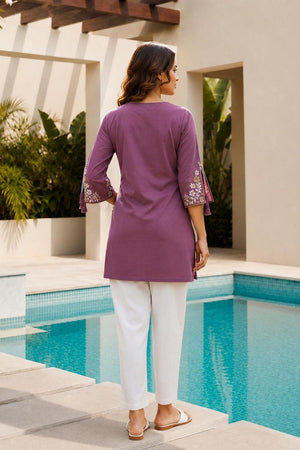 Purple Floral Embroidered Rayon Short Kurti (ACB2690)