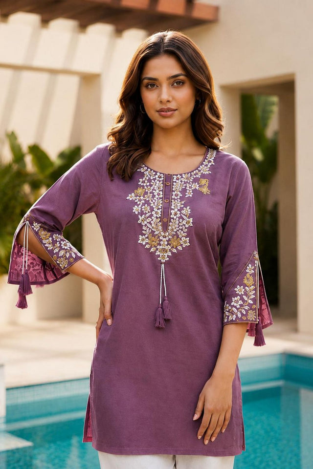 Purple Floral Embroidered Rayon Short Kurti (ACB2690)