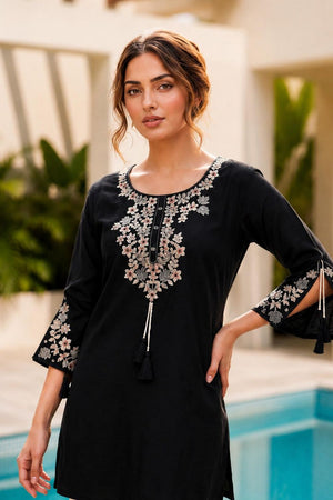 Black Floral Embroidered Rayon Short Kurti (ACB2691)