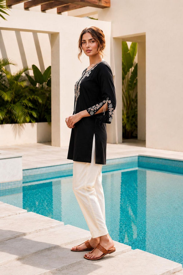 Black Floral Embroidered Rayon Short Kurti (ACB2691)