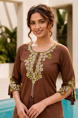 Brown Floral Embroidered Rayon Short Kurti (ACB2692)