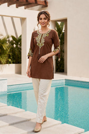 Brown Floral Embroidered Rayon Short Kurti (ACB2692)