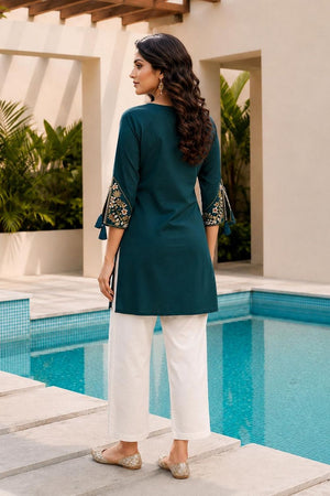 Turquoise Floral Embroidered Rayon Short Kurti (ACB2695)