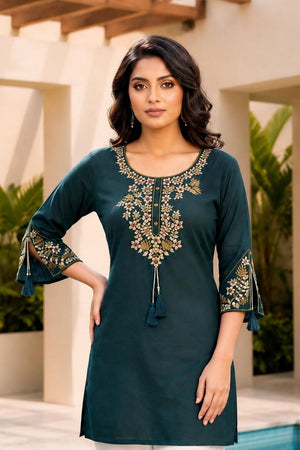 Turquoise Floral Embroidered Rayon Short Kurti (ACB2695)