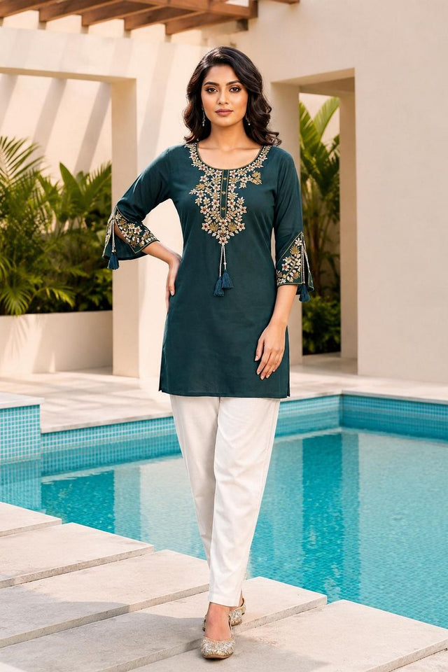 Turquoise Floral Embroidered Rayon Short Kurti (ACB2695)