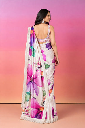 Cream Floral Printed Satin Ready to Wear Saree (ACB2697)
