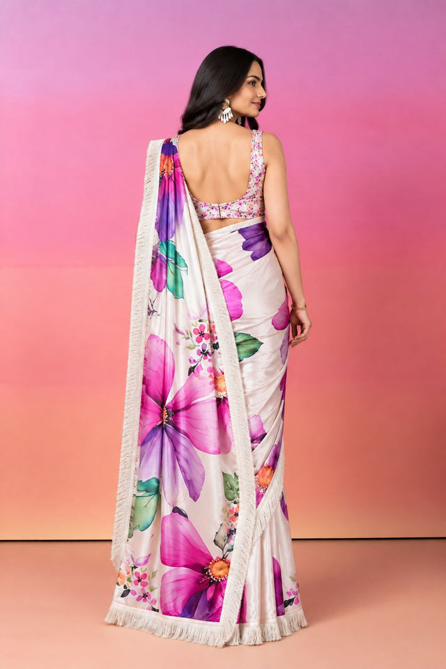 Cream Floral Printed Satin Ready to Wear Saree (ACB2697)