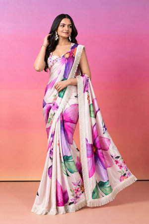 Cream Floral Printed Satin Ready to Wear Saree (ACB2697)