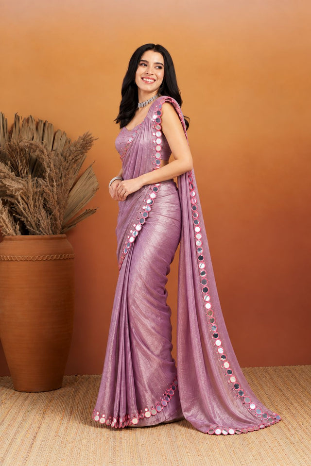 Purple Solid with Mirror Work Border Chiffon Ready to Wear Saree (ACB2699)
