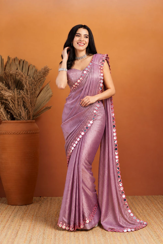 Purple Solid with Mirror Work Border Chiffon Ready to Wear Saree (ACB2699)